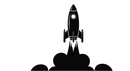 Black Rocket Launch Silhouette with Smoke Clouds Isolated on White Background – Space Exploration Vector Illustration © GDRAMJAN2.0