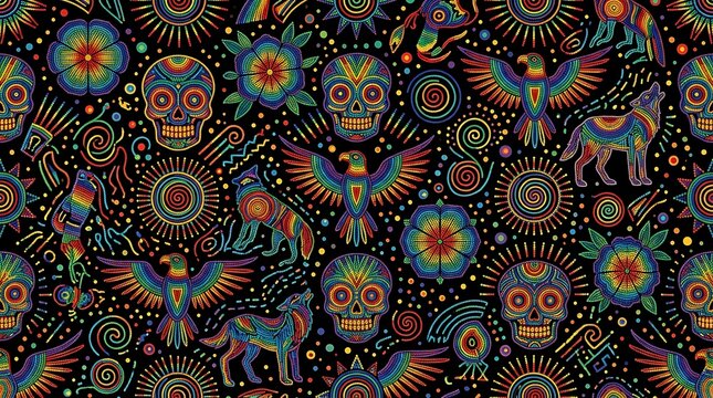 Colorful mexican beadwork pattern with skulls eagles and wolves