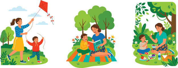 Fototapeta premium Set of illustrations showing a happy mother and child playing with a kite, reading, and having a picnic.