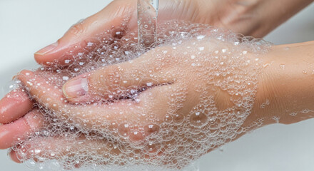 Fototapeta premium Washing Hands with Soap and Water, Bubbles Close-up
