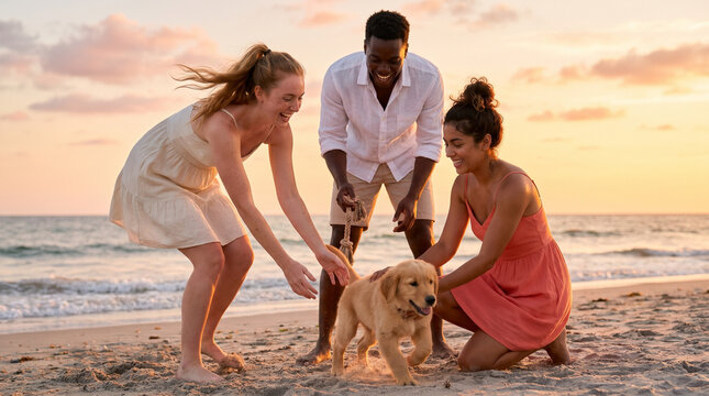 Young people enjoying puppy at beach sunset, joyful and carefree mood, warm golden light. Young people with puppy at beach sunset, summer season, diverse group, warm golden light, joyful and carefree 