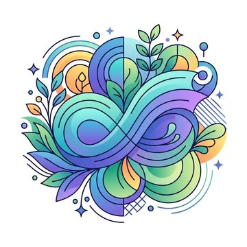 Abstract infinity symbol with swirling gradient loops, leaves and stars in blue, green and purple. Colorful vector illustration for eco and nature concept.