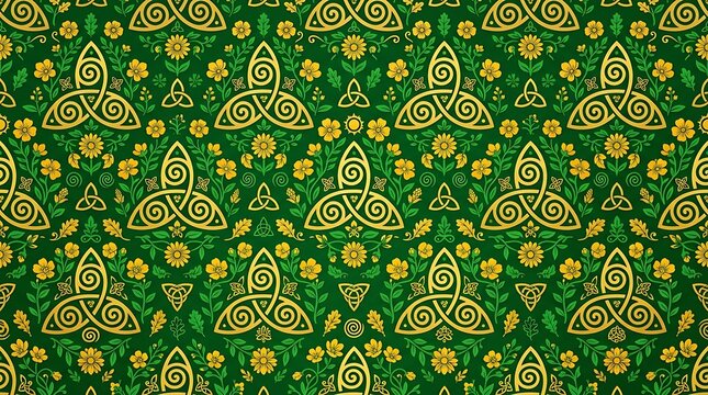 Seamless celtic triquetra pattern with golden flowers on green