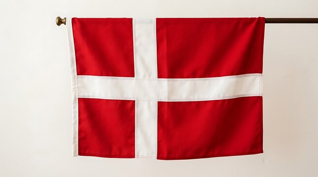 National Flag of Denmark Dannebrog Hanging on a Wooden Pole Against a Plain White Wall Background
