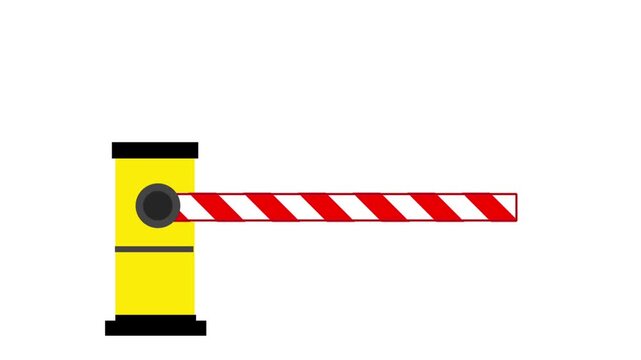 A flat design animation of a red and white striped security barrier arm opening and closing on white and green screen backgrounds.
