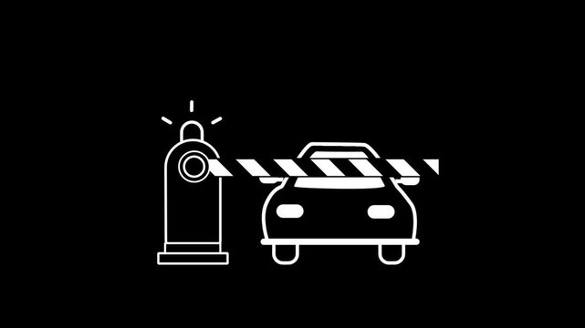 A minimalist white line art animation depicting an automatic barrier gate swinging down to block a car on a black background.