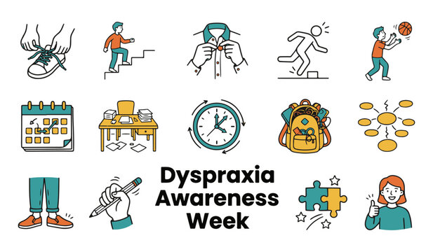 Dyspraxia Awareness Week Text with Illustrated Icons Set. Daily Life Skills and Support Concepts.