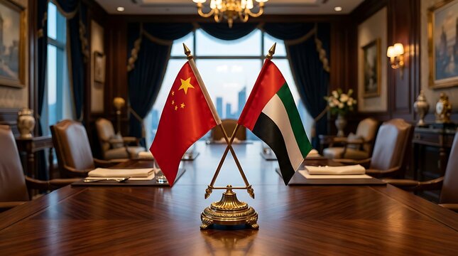 China and UAE Flags on a Wooden Table in a Luxury Boardroom for Diplomatic Meeting or Trade Summit