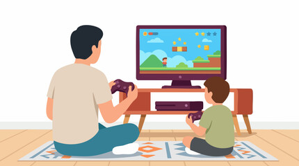 Father and son playing video games on TV at home, flat vector art © Aesthetica