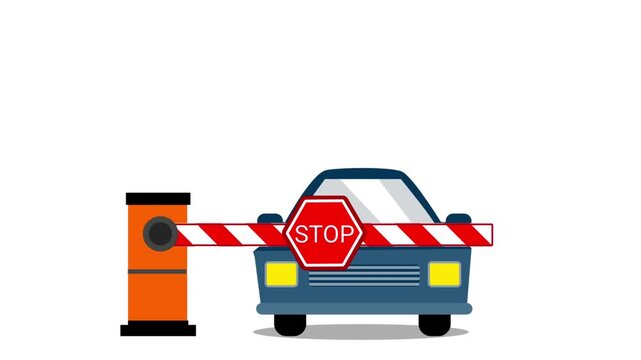 Flat animation showing a security boom barrier gate with a stop sign closing in front of a blue car on a white background.