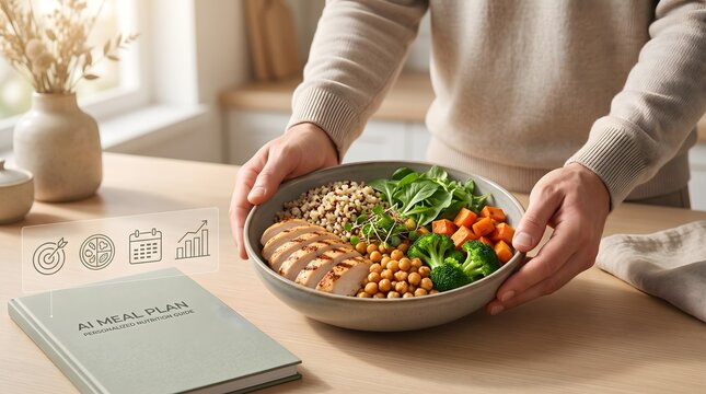 Health coaching concept showing personalized AI nutrition guide book with wellness tracking icons and healthy food