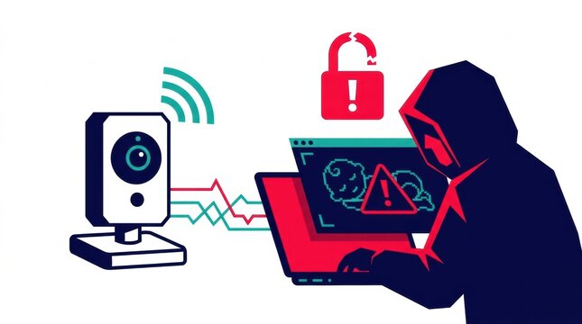 A hacker uses a laptop to exploit vulnerabilities in smart home devices, indicating a risk to privacy and security in connected homes.