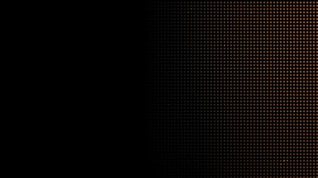 Glowing gold LED dot grid pattern abstract fading overlay. Dynamic digital futuristic pixel matrix screen animation effects. Dark luminous tech background texture footage seamless transitions looping