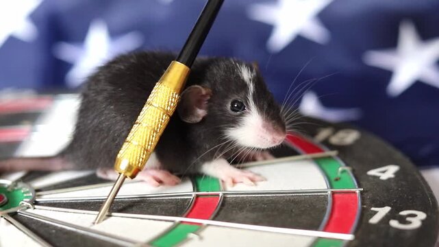 Tiny black and white pet rat explores a round dartboard placed in front of a USA flag during a quiet afternoon in the United States while preparing to reach a specific goal