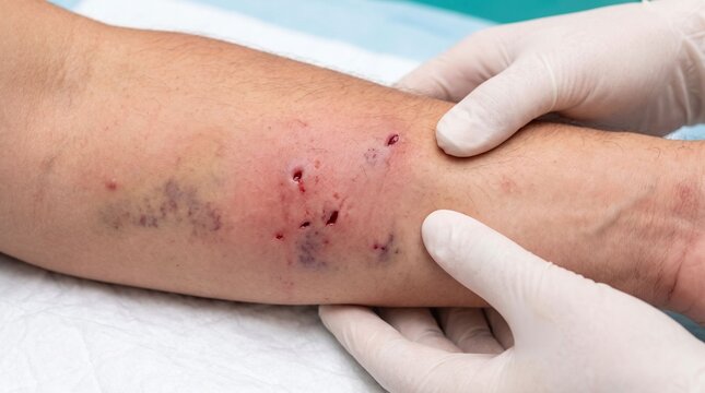 Gloved hand examines a dog bite wound on a leg, conveying injury proof, medical care, and legal claim for dog bite attorney.