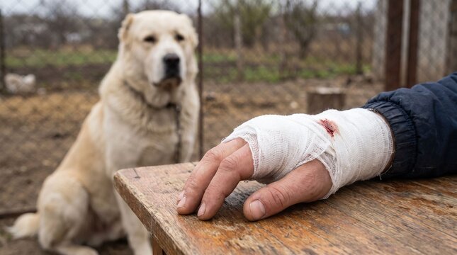 Bandaged hand near alert dog, showing a dog bite injury and the need for a dog bite attorney to handle liability and compensation.