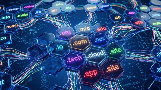 Abstract 3D illustration of internet domain names like com, org, net, tech displayed on glowing hexagonal tiles connected by fiber optic cables representing web hosting, SEO and...
