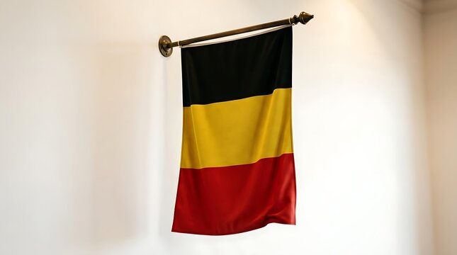 Official National Flag of Belgium Hanging Vertically on a Decorative Wall Pole in a Clean Interior