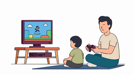 Father and son playing video games together on a television screen © Aesthetica