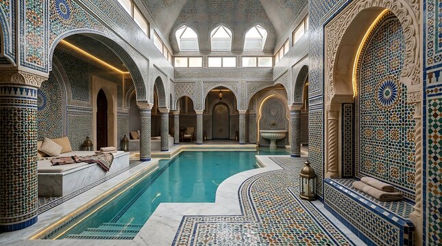 Luxury indoor pool with intricate mosaic tilework and arched pillars