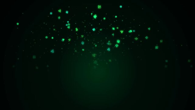 Glowing Green Casino Card Suits. Abstract motion background featuring floating poker symbols like hearts, spades, diamonds, and clubs. Ideal for gambling, casino themes, and game intros.