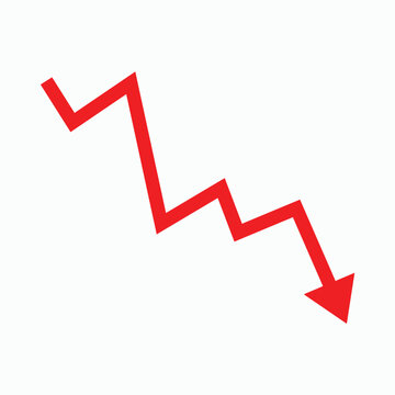 Zigzag red arrow pointing down vector illustration, financial crisis, economic decline, stock market crash, negative trend, business loss, graph, chart, bad performance, white background.