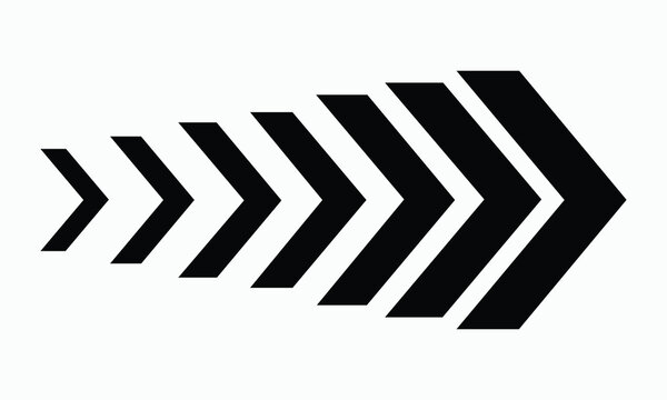 Abstract graphic design of several black chevron arrows pointing right, gradually increasing in size from left to right, creating a sense of forward motion and progression on white background.