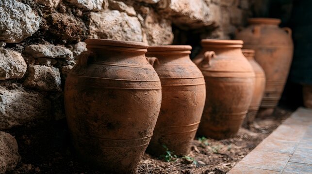 Traditional large terracotta amphorae jars resting inside a rustic stone cellar for ancient style wine fermentation processes capturing an authentic