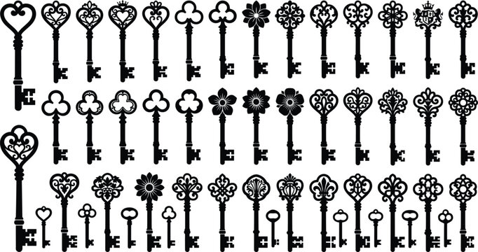 Vintage Ornate Skeleton Keys Collection Decorative Antique Silhouette Vector Illustration Set