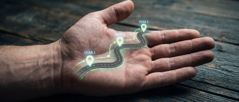 Roadmap concept with a winding road and milestones on a human palm