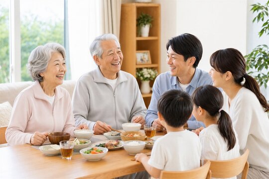 自宅の食卓を囲み笑顔で祝う日本人三世代家族