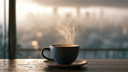 Obraz premium Steaming coffee cup with cityscape background.