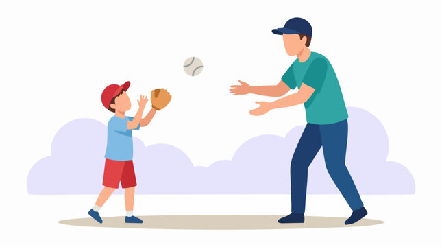 Father and son playing baseball catch together outdoors