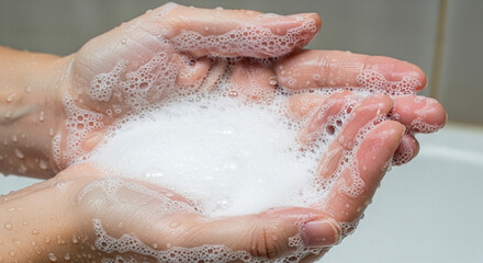 Fototapeta premium Hands washing with soap and water, creating rich foam and bubbles for hygiene