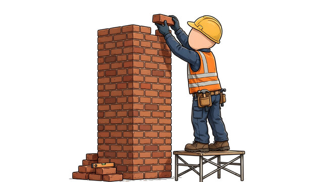 Minimalist Illustration of Anonymous Construction Worker or Builder Placing the Last Brick on Wall, Concept for Project Completion, Success, Teamwork Achievement, and Final Touch, Flat Vector