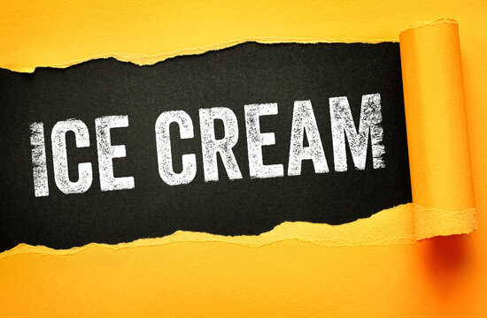 ICE CREAM typography on creative torn paper design with distressed lettering. Symbolic concept for desserts, frozen treats, summer refreshment, and sweet indulgence marketing