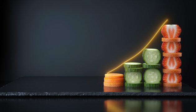 Surrealer steigender Aktienkurs dargestellt durch frisches Obst und Gem&uuml;se auf dunklem Schiefer