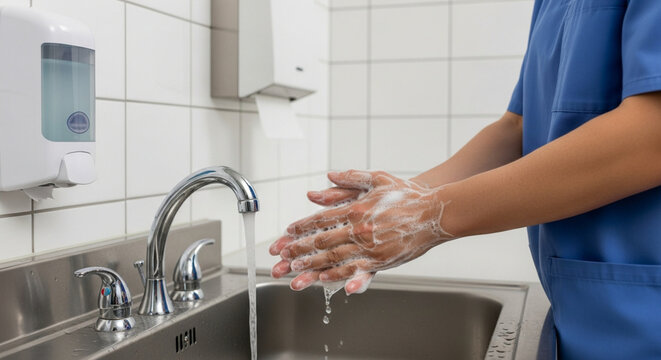 Healthcare Professional Washing Hands Thoroughly with Soap and Water in a Sterile Environment
