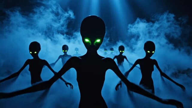 Multiple slender alien silhouettes with glowing green eyes standing in dense blue fog and thick mist under a mysterious overhead light source in a dark cinematic environment.