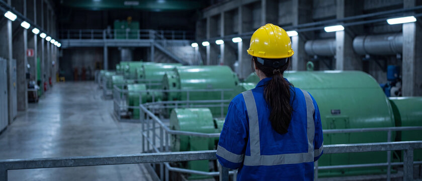 Female engineer in hard hat and workwear standing in a large industrial power plant facility looking at machinery