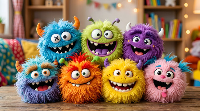 Collection of colorful furry monster toys with cute faces and big smiles sitting on a wooden table in a cozy children playroom setting