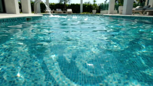 View of clear turquoise water at a pool with sun loungers and trees in the background