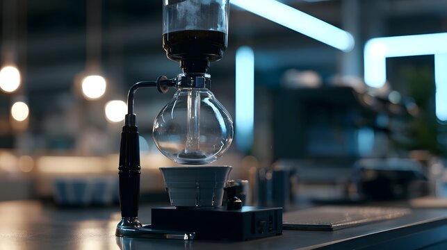 A glass siphon coffee maker is brewing coffee on a modern counter under ambient lighting in a contemporary cafe setting