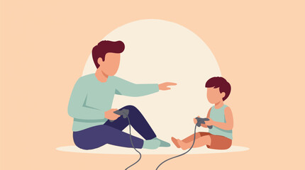 Father and son playing video games together, bonding activity illustration © Aesthetica