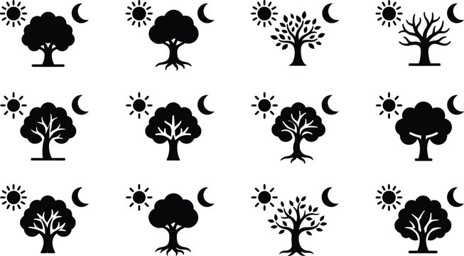 Black silhouettes of trees and moons.