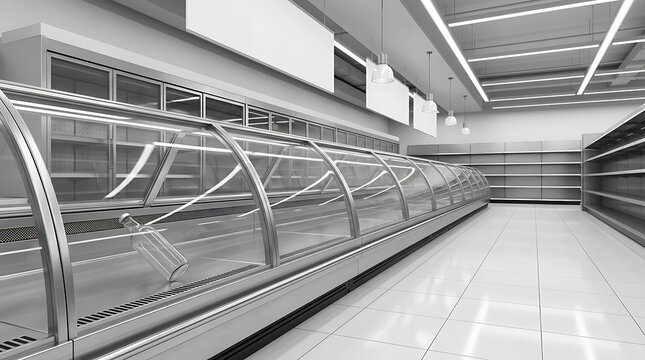 Empty grocery store supermarket cold section display case and empty shelves