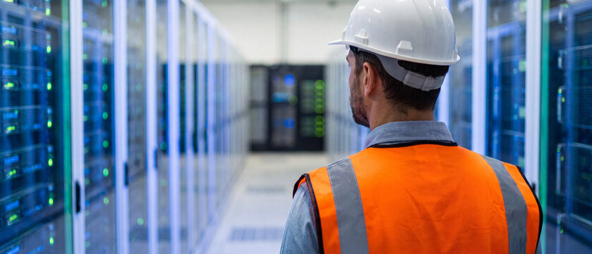 Technician in a hard hat and safety vest standing in a modern data center server room