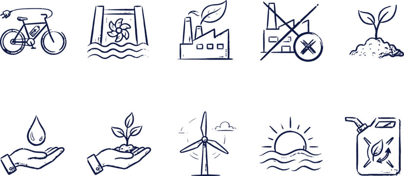 Set of environmental sustainability and green energy icons with sustainability environment renewable pollution conservation protection alternative generation industry resource