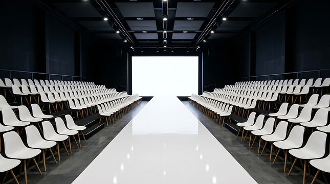 Interior of empty modern fashion show venue with shiny white catwalk and rows of chairs