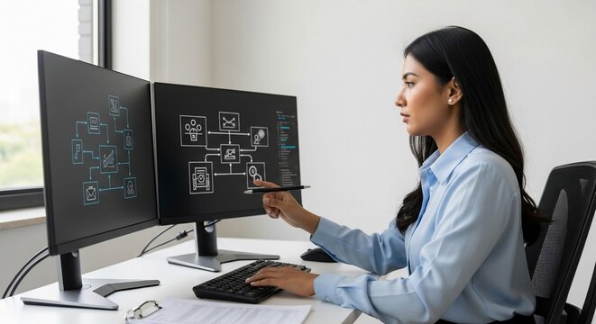 Asian Indian female software developer working on complex system diagram on computer screen in office environment